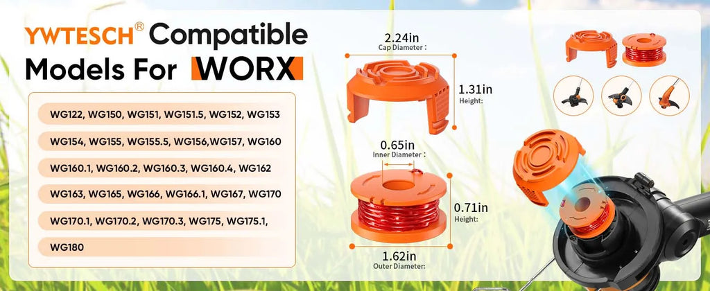 Compatibility graphic for YWTESCH orange plastic cap assemblies designed for WORX lawn care equipment, showing dimension diagrams, a list of compatible models, and a close-up of the cap installed on a black device.