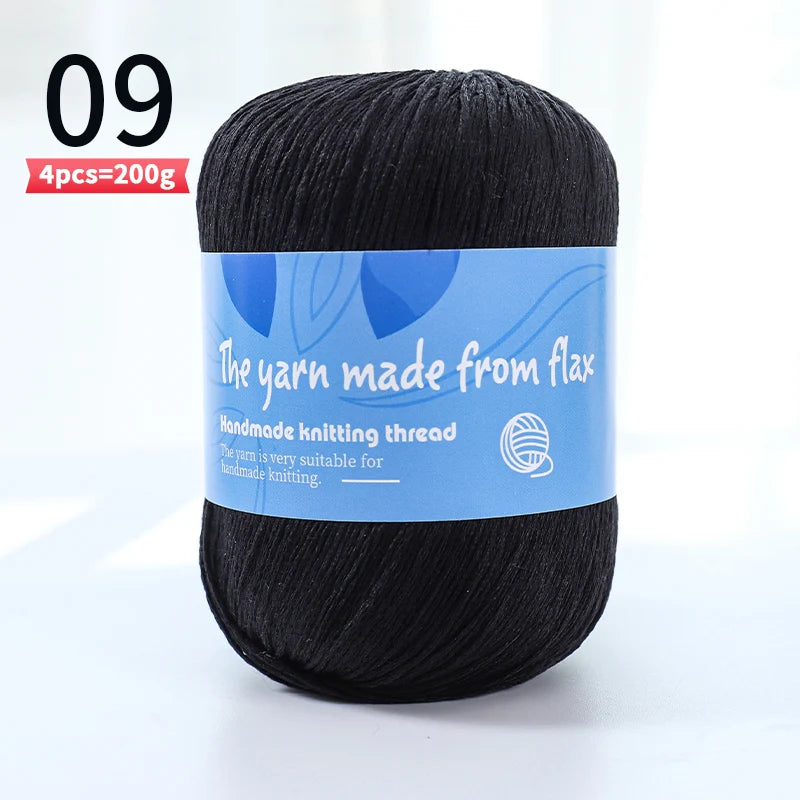 Black linen lace yarn skein, color code 09, with a blue flax label.