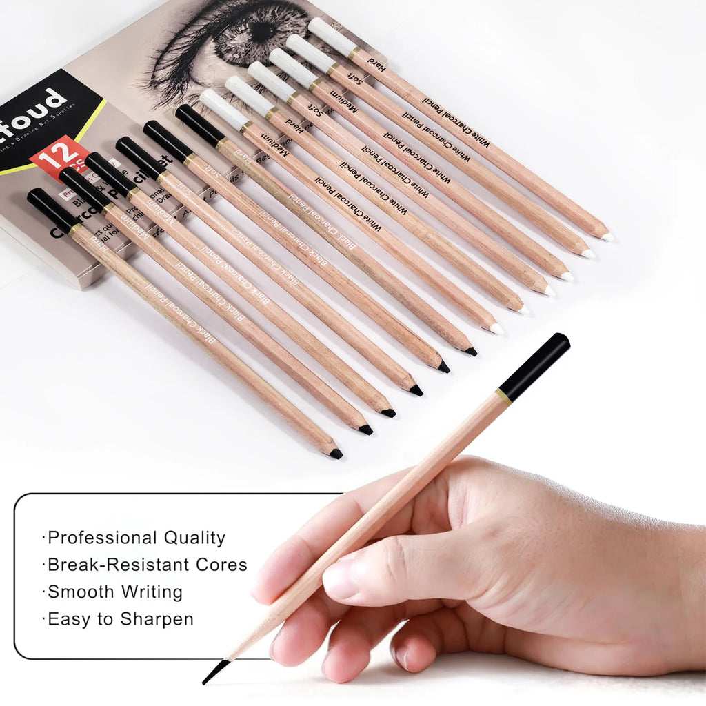 Pro Charcoal Pencils Drawing Set — Black & White, S/M/H Grades