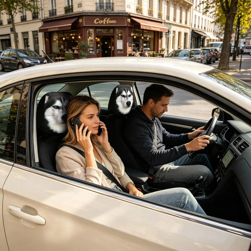 A man and a woman sit inside a car with custom headrests featuring printed husky dog faces. The woman is on her phone, and the man is driving.