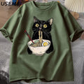 T-Shirt Ramen Cat Graphic Cotton Short Sleeve Funny Black Cat Foodie Tee