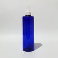 Blue empty round spray bottle with a white sprayer and clear cover