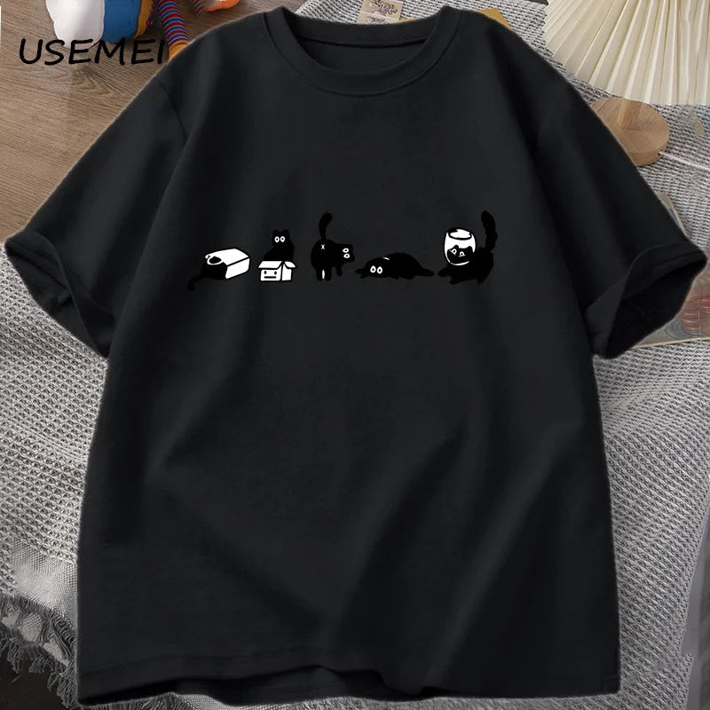 T-Shirt Five Mood Cats Funny Black Cat Graphic Cotton Short Sleeve Oversized
