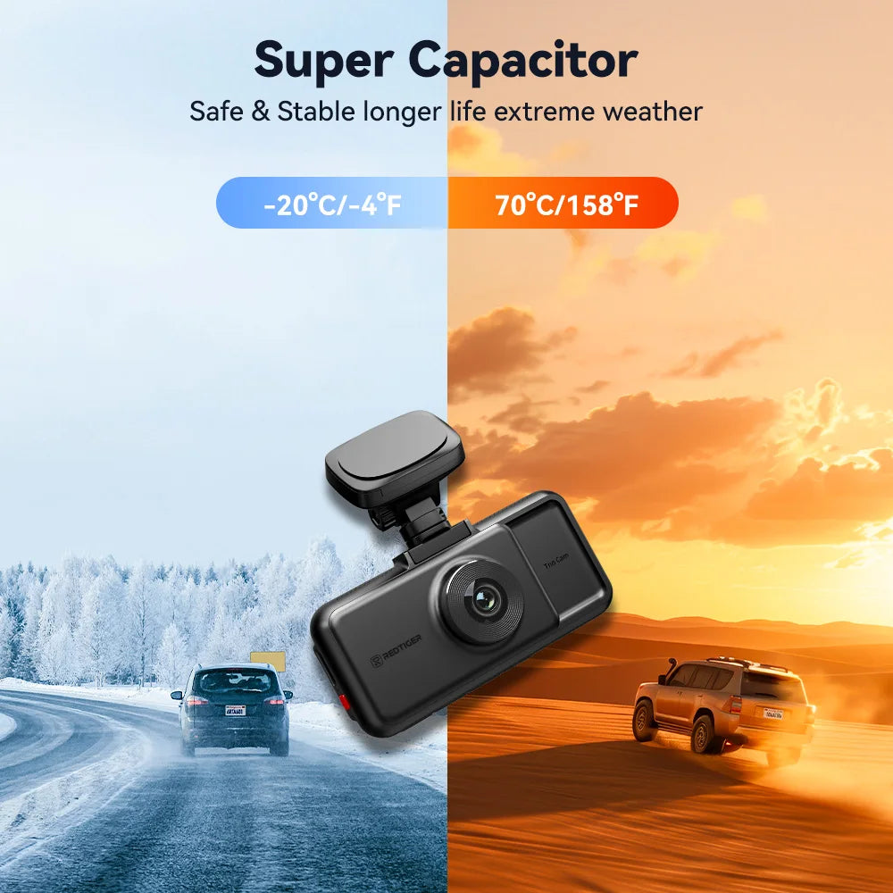 Car dashboard camera with temperature range display on a split background of snowy road and desert landscape.