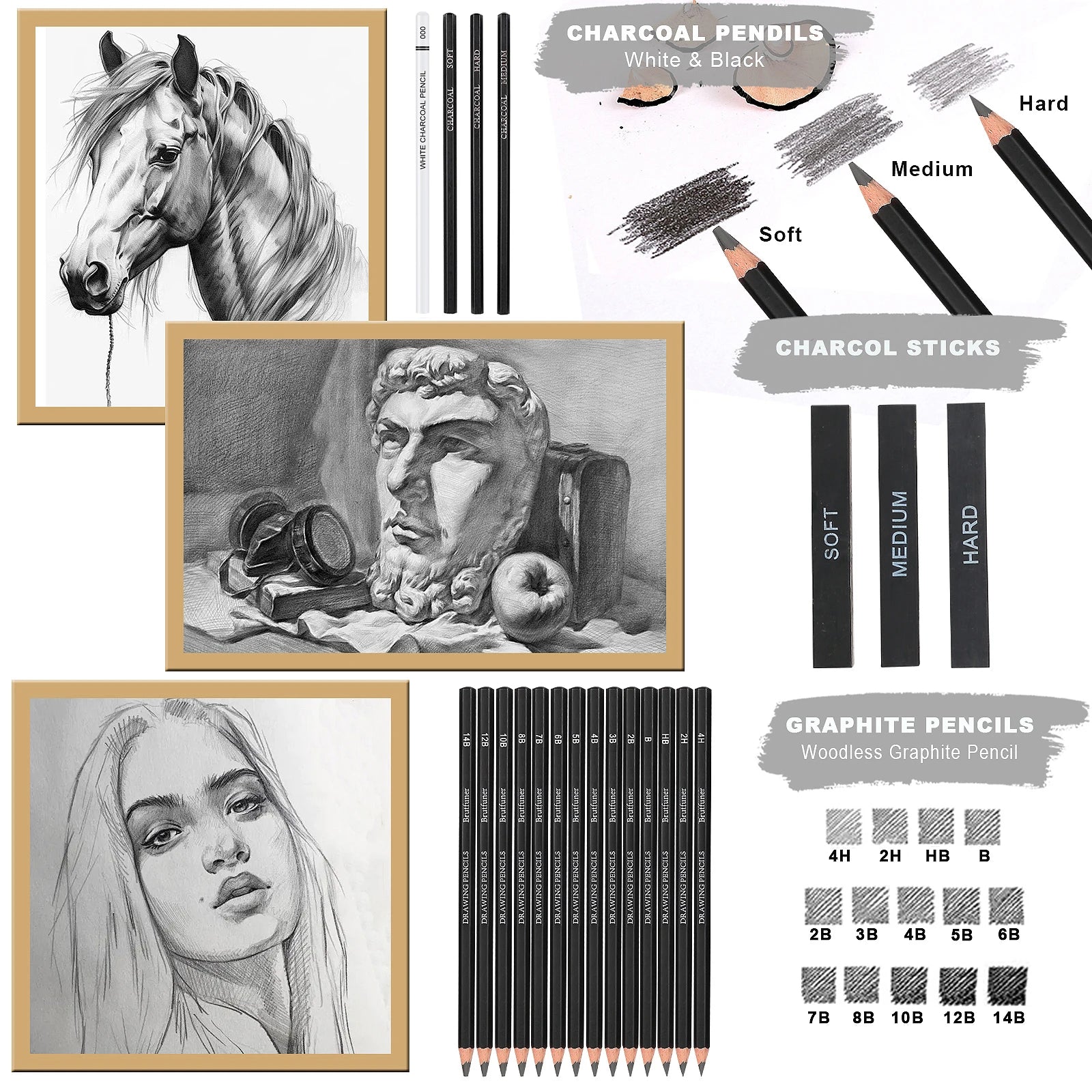 Sketching & Drawing Set with Graphite, Charcoal & Blending Tools