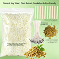 A clear plastic bag filled with off-white soy wax pellets on a pale green background, alongside illustrated and photographed components of a candle-making kit: wooden wicks, a wax core fixing plate, smokeless candle wick, high-concentration candle pigment powder, soybeans, and leaves. Text at the top reads 'Natural Soy Wax | Plant Extract, Smokeless & Eco-friendly.