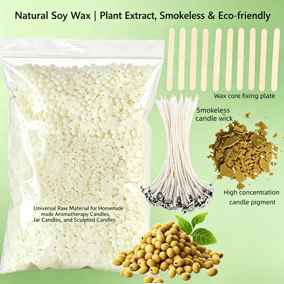 A clear plastic bag filled with off-white soy wax pellets on a pale green background, alongside illustrated and photographed components of a candle-making kit: wooden wicks, a wax core fixing plate, smokeless candle wick, high-concentration candle pigment powder, soybeans, and leaves. Text at the top reads 'Natural Soy Wax | Plant Extract, Smokeless & Eco-friendly.