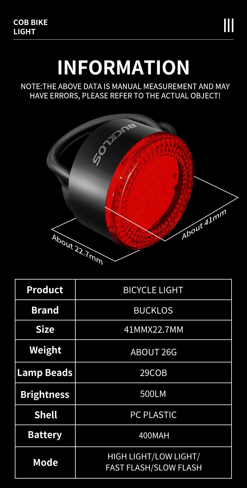 BUCKLOS COB Bike Taillights Headlight Premium Quality Replacement Accessory