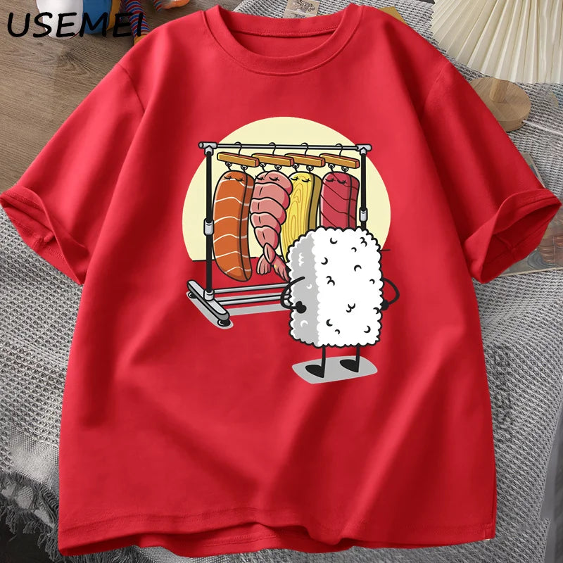 T-Shirt Sushi Wardrobe Funny Rice Ball Graphic Cotton Short Sleeve Unisex Tee