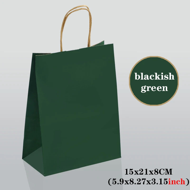 Green gift bag with brown handles on a light gray background