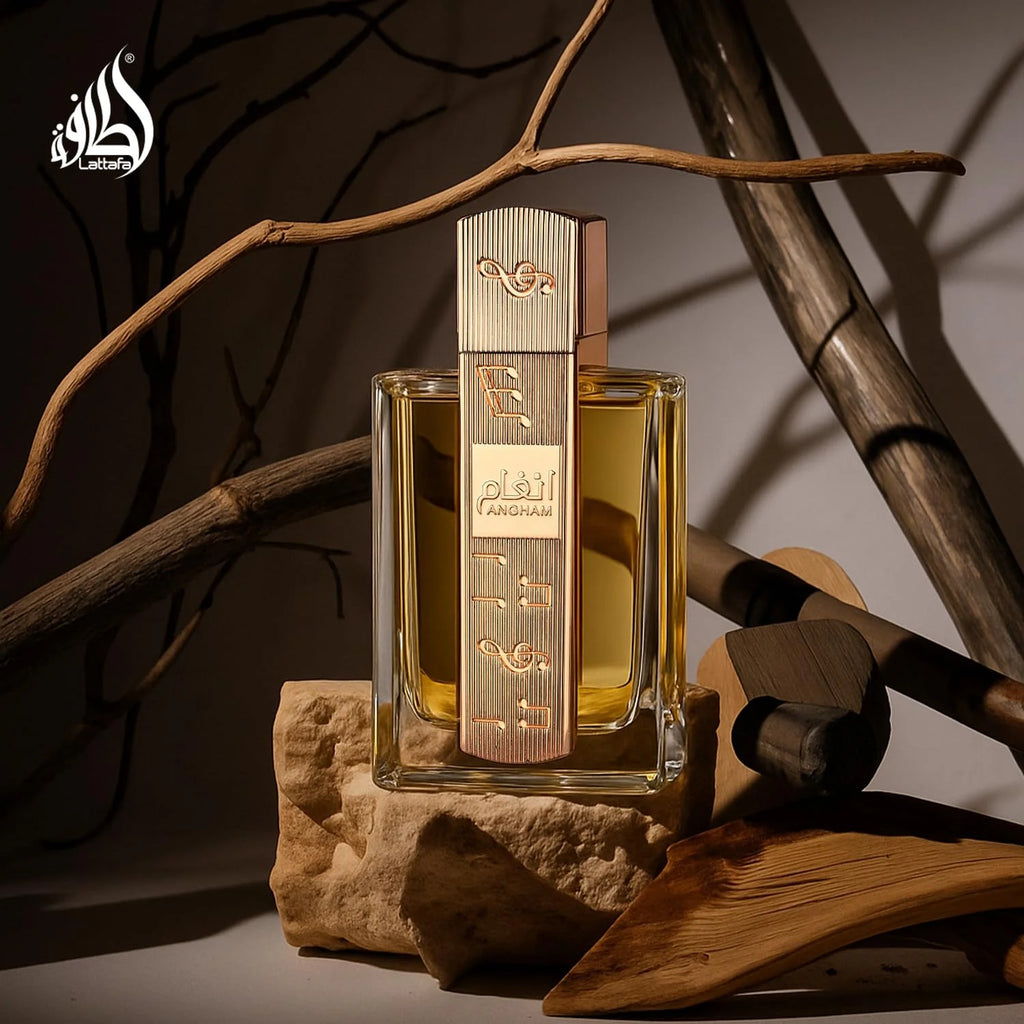Perfume bottle with decorative elements on a textured surface