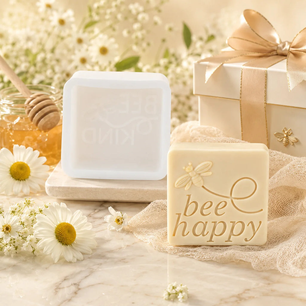 Ivory Bee Happy square casting beside its white silicone mold
