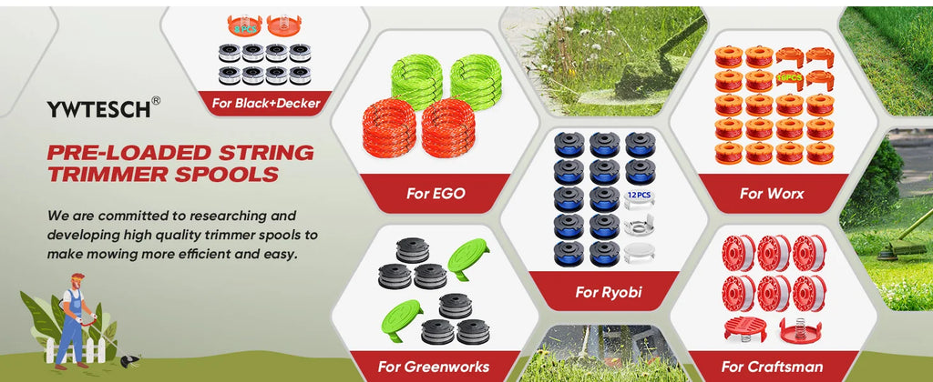YWTESCH pre-loaded string trimmer spools for various brands with hexagonal design layout.