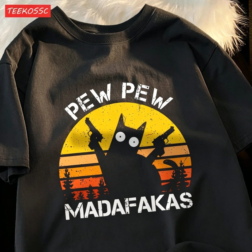 T-Shirt Unisex Pew Pew Madafakas Black Cat Retro Sunset Funny Graphic Tee