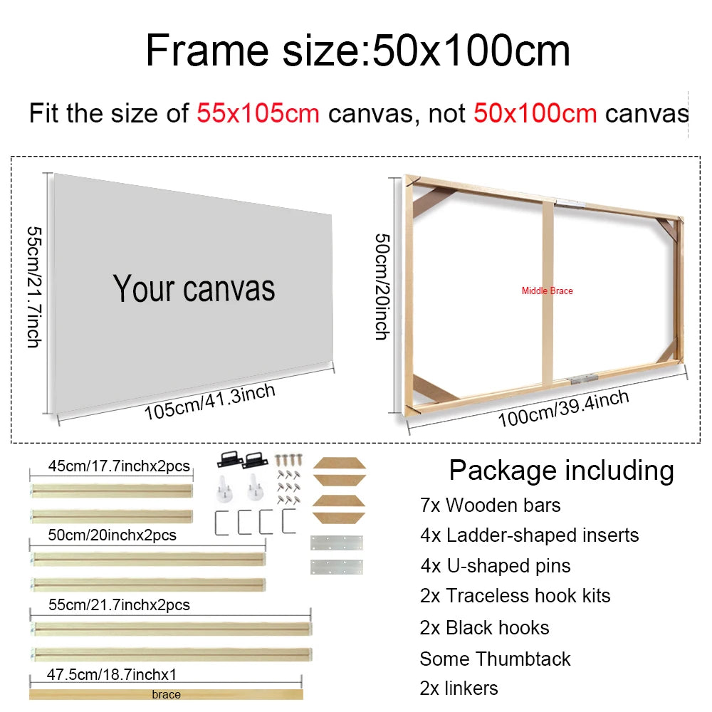 Canvas frame with dimensions and package contents listed