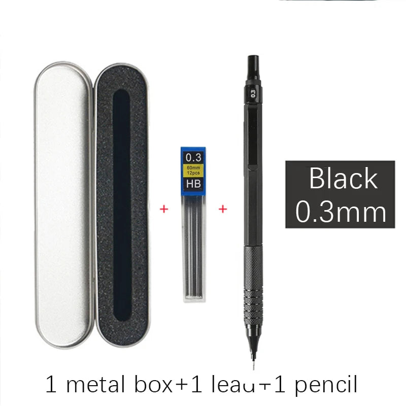 Metal Mechanical Pencil & Lead Refills — 0.3 to 2.0mm, Black or Silver