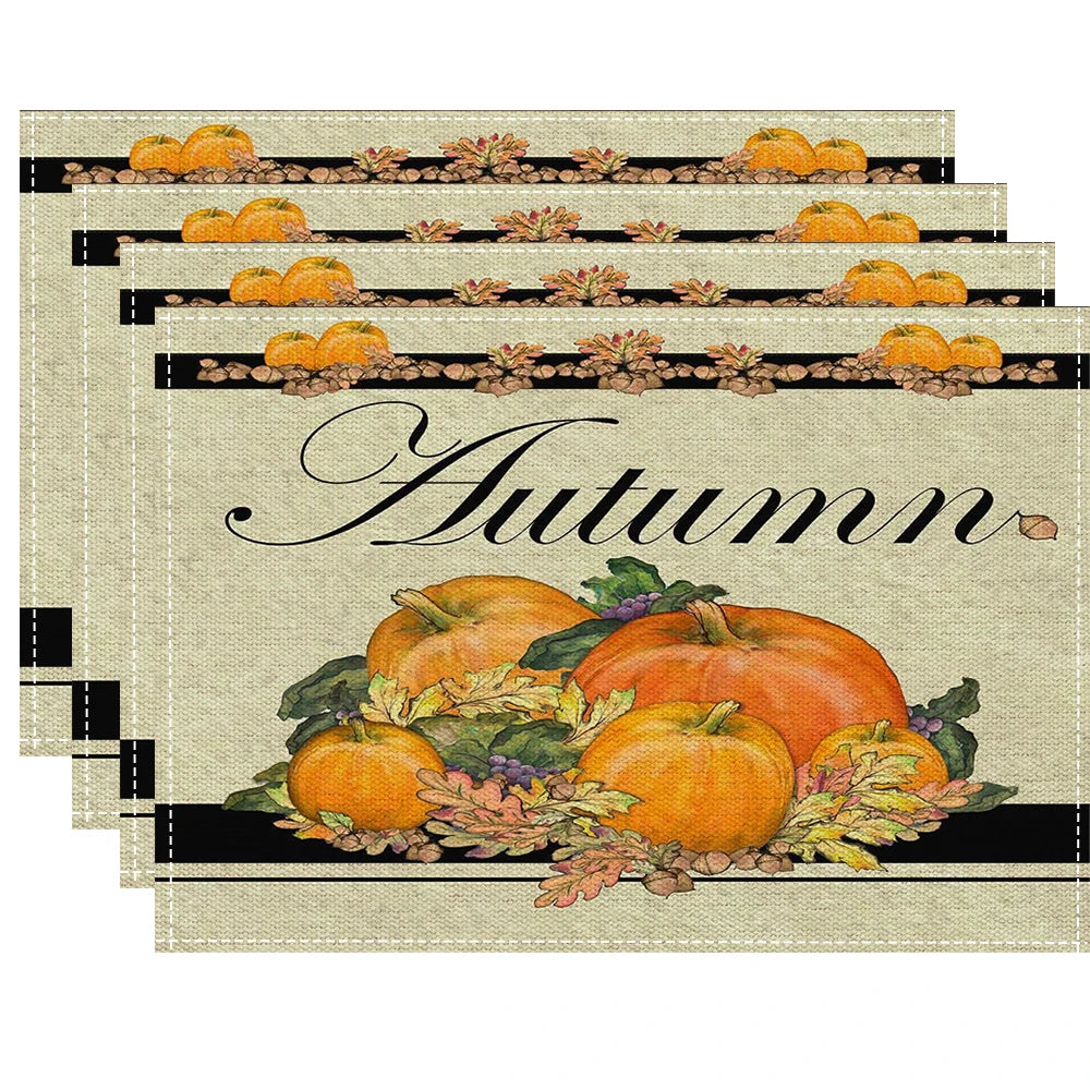 Fall Thanksgiving Linen Placemats, 13 Designs, Sets of 4/6/8, 16.5x12.6 in