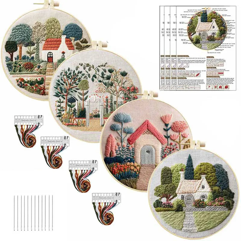 Embroidery Kit, Village Nature Scenery for Beginner Stitching & Home Decor