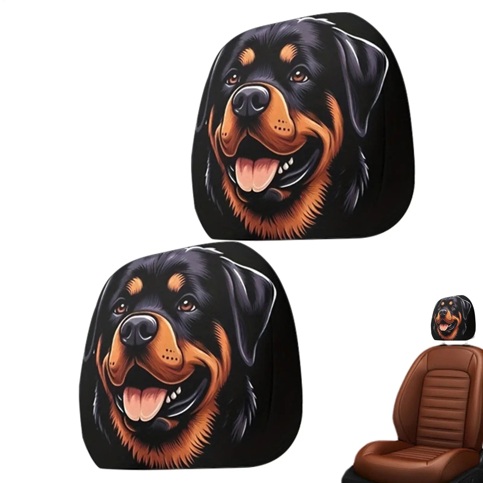 Two car seat headrest covers featuring a printed Rottweiler dog face design, shown on a white background with one cover installed on a brown car seat.