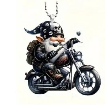 A biker gnome pendant on a silver chain, featuring a gnome riding a motorcycle with a skull and crossbones bandana, set against a plain white background.