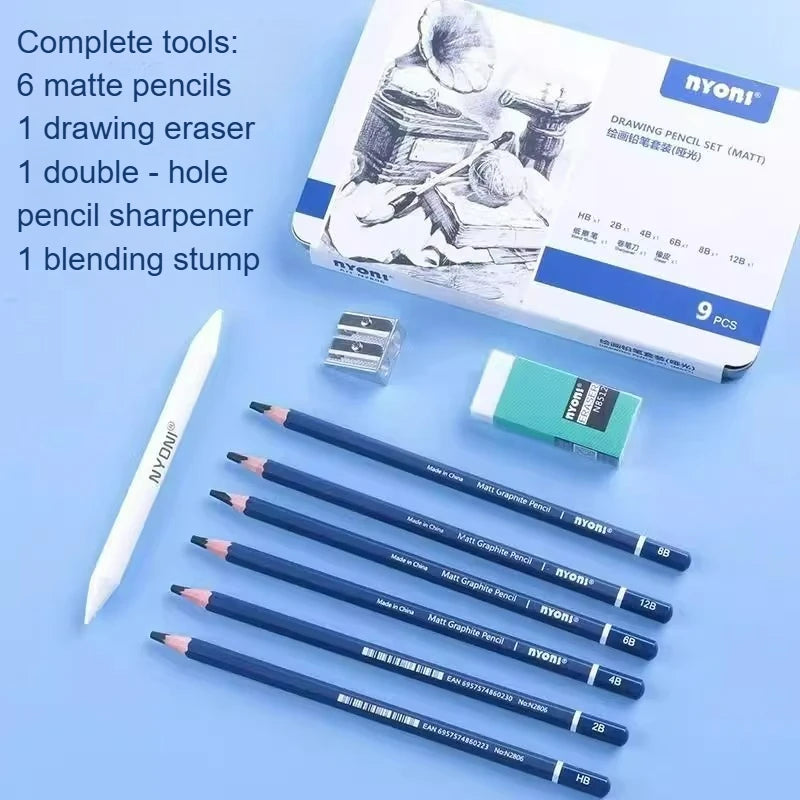 NYONI Matte Sketch Pencil Set — Iron Case, Eraser & Blending Stump Included