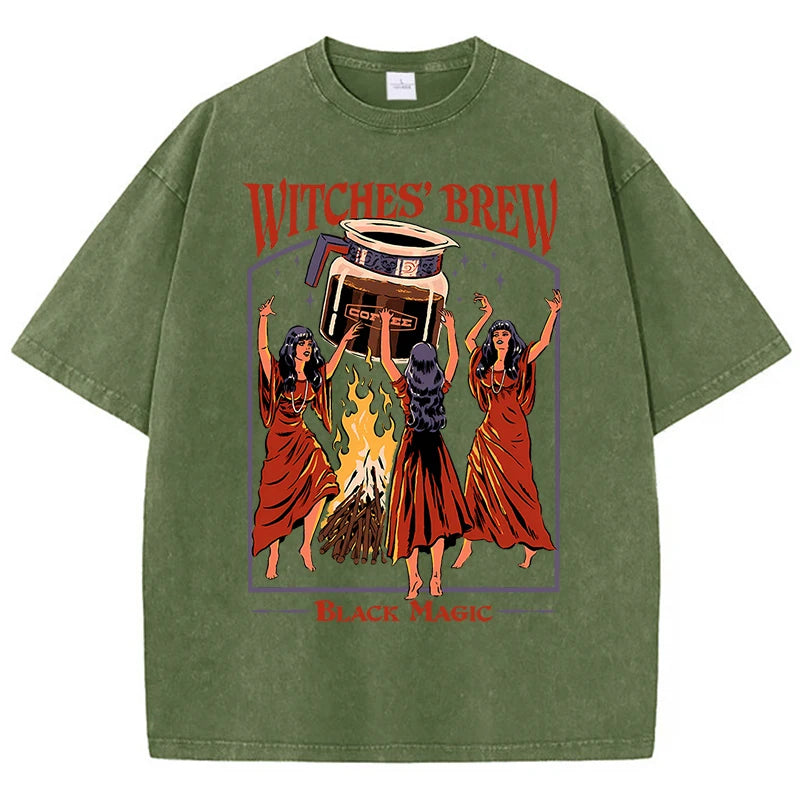 T-Shirt Unisex Witches Brew Black Magic Coffee Vintage Wash Graphic Tee