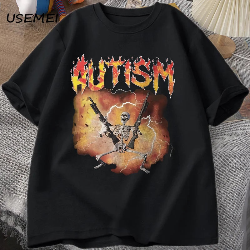 T-Shirt Autism Flame Text Skeleton Graphic Cotton Short Sleeve Unisex Tee