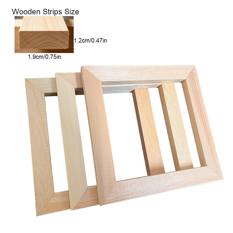 Three light natural wood picture frames with vertical slats, shown on a white background. A small inset at the top left shows a close-up of the wood end grain with text reading 'Wooden Strips Size' and dimensions 1.