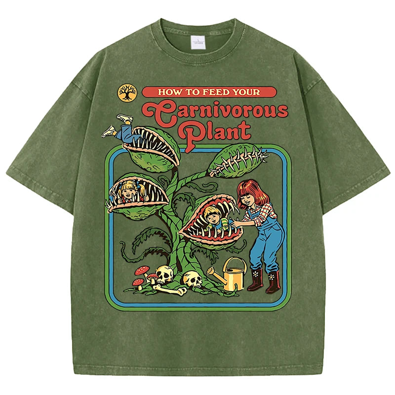 T-Shirt Unisex Carnivorous Plant Print Washed Cotton Crewneck Short Sleeve