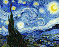 Starry Night painting with swirling night sky and village below