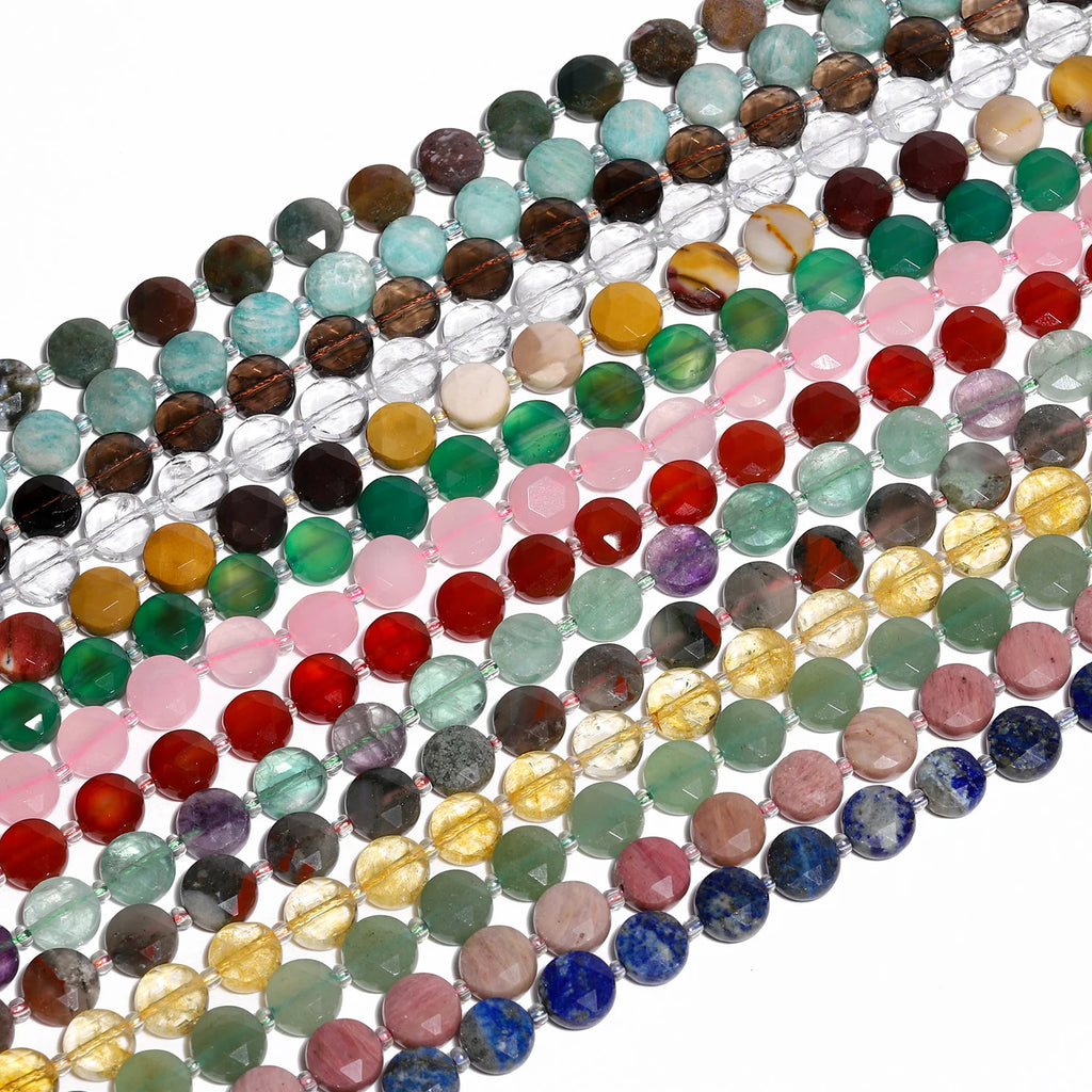 Stone Beads Nature Flat Round Amazonite Quartz-Style Agate Fluorite Craft Beads