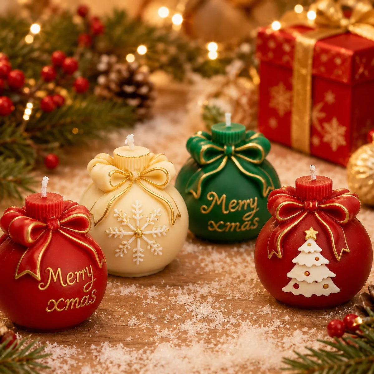 Four Christmas ornament-shaped candles arranged on a snowy surface with pine branches, lights, and a wrapped gift box in the background. The candles are red, cream, and green with gold trim and bow details, and the words 'Merry xmas' appear on two of them.
