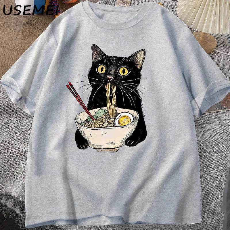 T-Shirt Ramen Cat Graphic Cotton Short Sleeve Funny Black Cat Foodie Tee