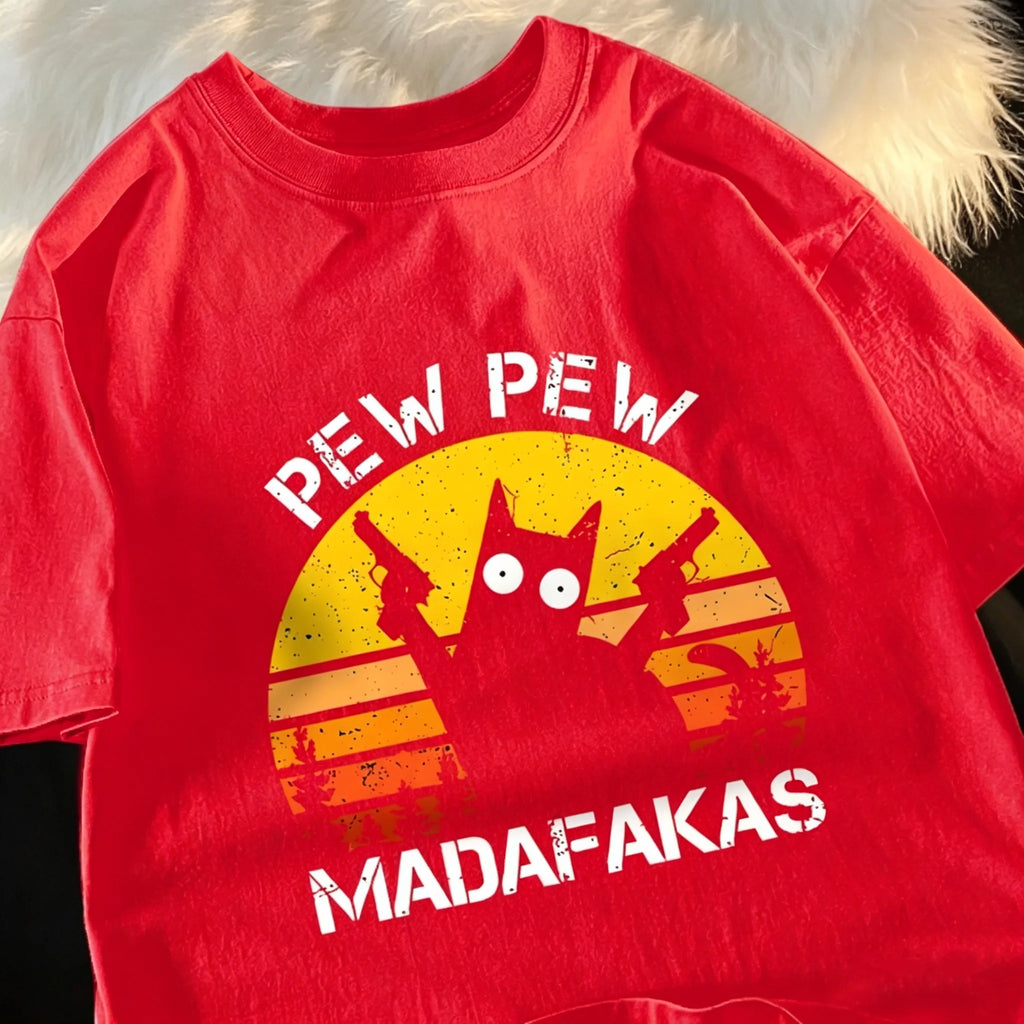 T-Shirt Unisex Pew Pew Madafakas Black Cat Retro Sunset Funny Graphic Tee
