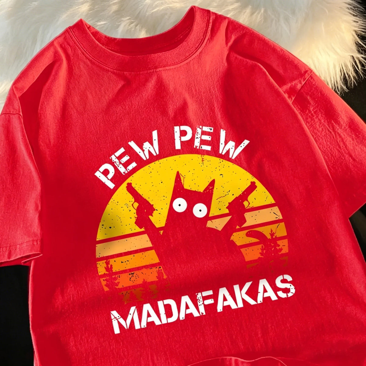 T-Shirt Unisex Pew Pew Madafakas Black Cat Retro Sunset Funny Graphic Tee