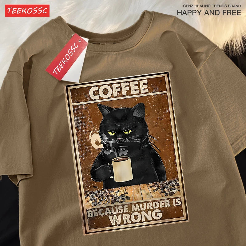 T-Shirt Unisex Coffee Because Murder Is Wrong Black Cat Humor Graphic Tee