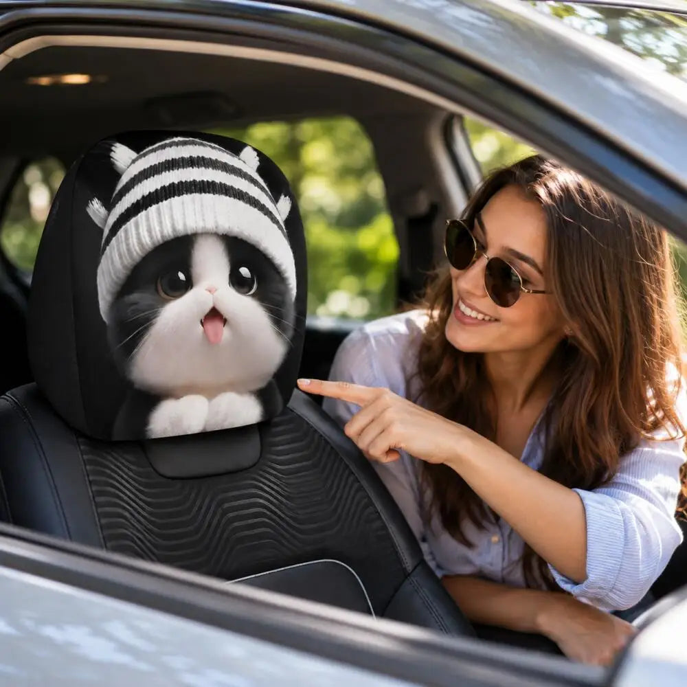 A car seat headrest cover featuring a printed cartoon cat wearing a black-and-white striped knit hat, shown installed on a car seat inside a car with a woman pointing at it.