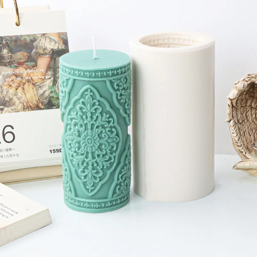 Vintage Floral Totem Cylinder Candle Silicone Mold DIY Creative Embossed Lace Pillar Candle Plaster Making Supplies Mould
