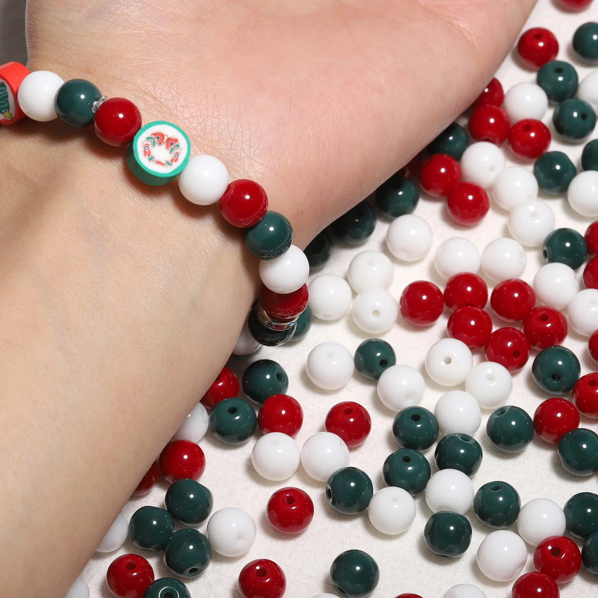 Glass Beads Round Christmas White Green Red Colors for DIY Jewelry Making