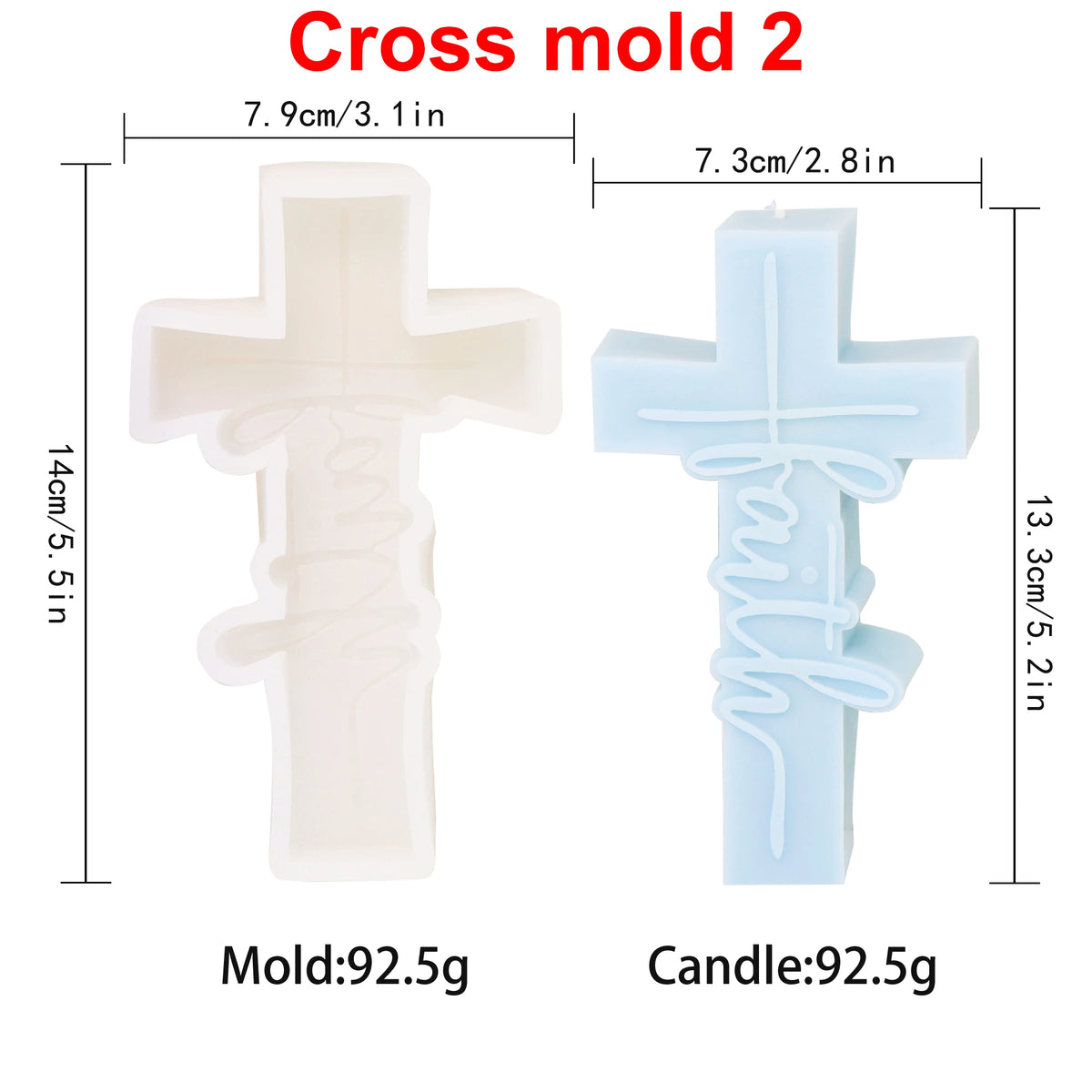 Cross Mold 2 diagram showing Faith cross mold and example casting dimensions and weights