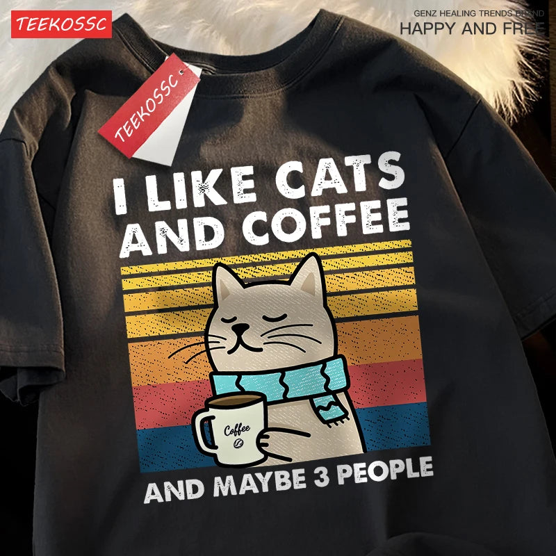 T-Shirt Unisex I Like Cats and Coffee and Maybe 3 People Funny Graphic Tee