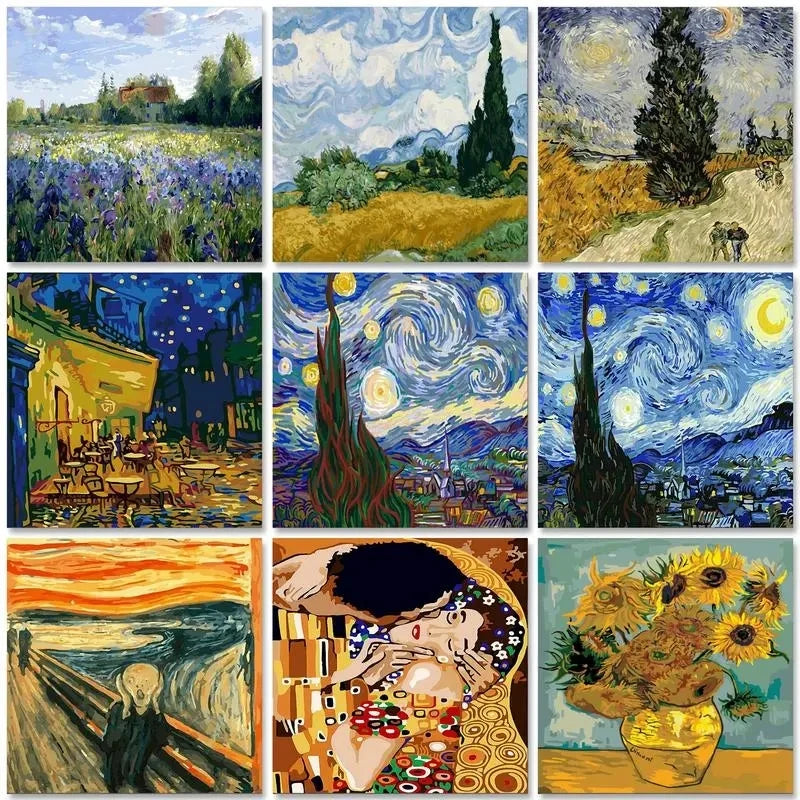 A 3x3 collage of nine art prints featuring works inspired by Van Gogh, including floral landscapes, swirling sky scenes, a cafe interior, The Scream, a romantic embrace, and a bouquet of sunflowers.