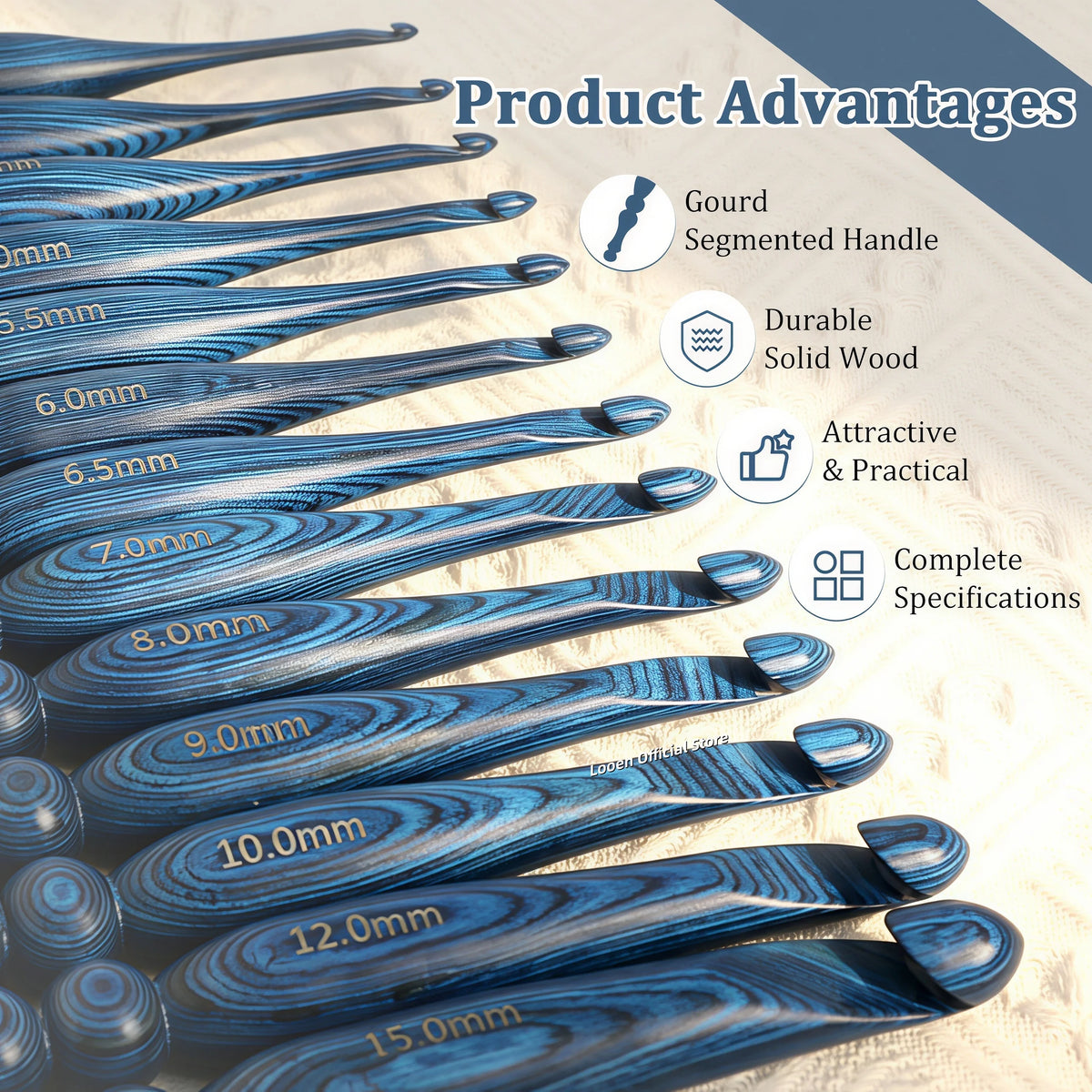 Crochet Hook, Blue Vintage-Style Wooden Handle for Handmade Yarn Crafts