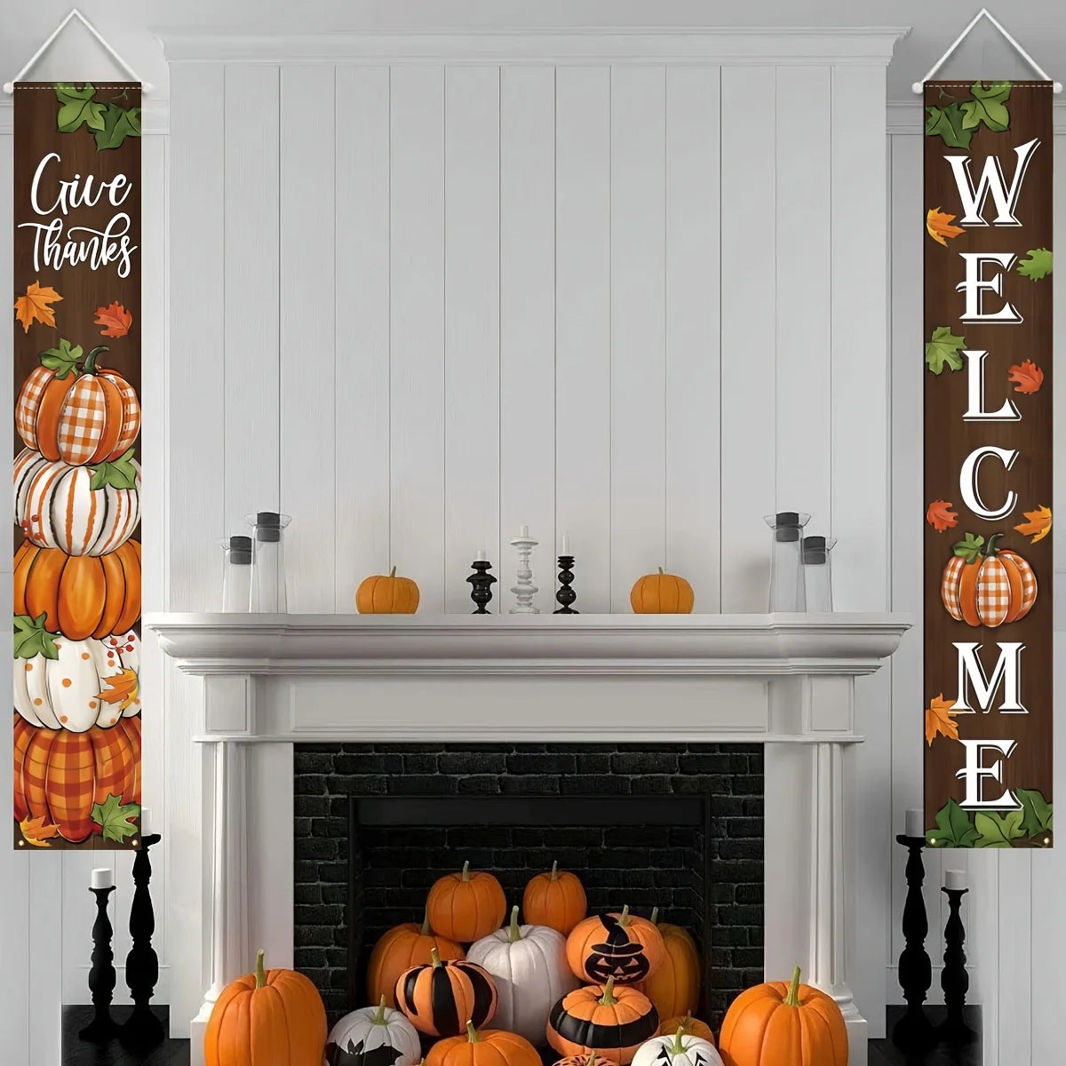 Thanksgiving Thankful Porch Banner Fall Pumpkin Maple Leaf Front Door Hanging Welcome Flag Buffalo Plaid Farmhouse Home Autumn