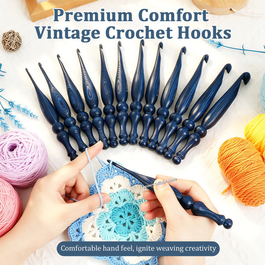 Crochet Hook, Blue Vintage-Style Wooden Handle for Handmade Yarn Crafts