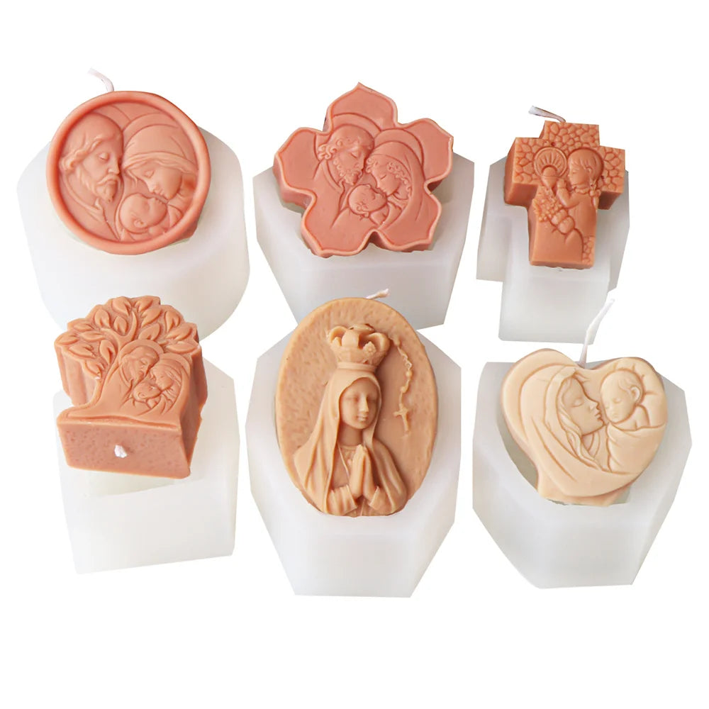 Six religious relief casting examples displayed on their matching white silicone molds