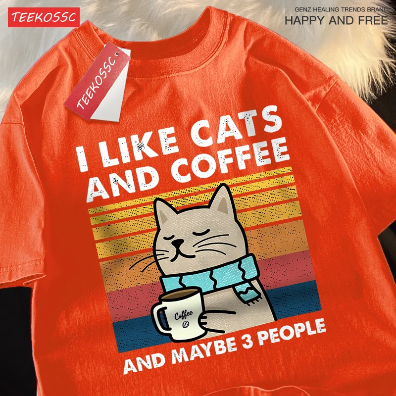 T-Shirt Unisex I Like Cats and Coffee and Maybe 3 People Funny Graphic Tee