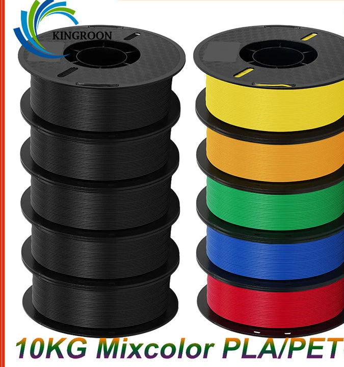 Spools of black and multicolored 3D printing filament with pricing and promotional information on a white background.