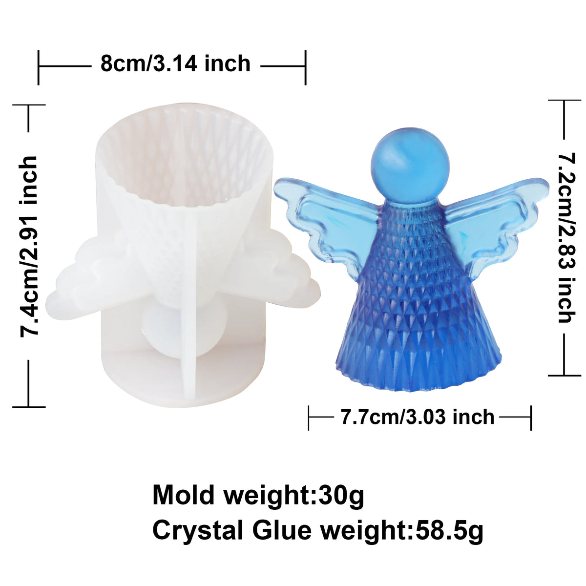White plastic angel-shaped crystal mold shown next to a blue angel-shaped crystal ornament, with dimension labels and text listing mold weight 30g and crystal glue weight 58.5g.