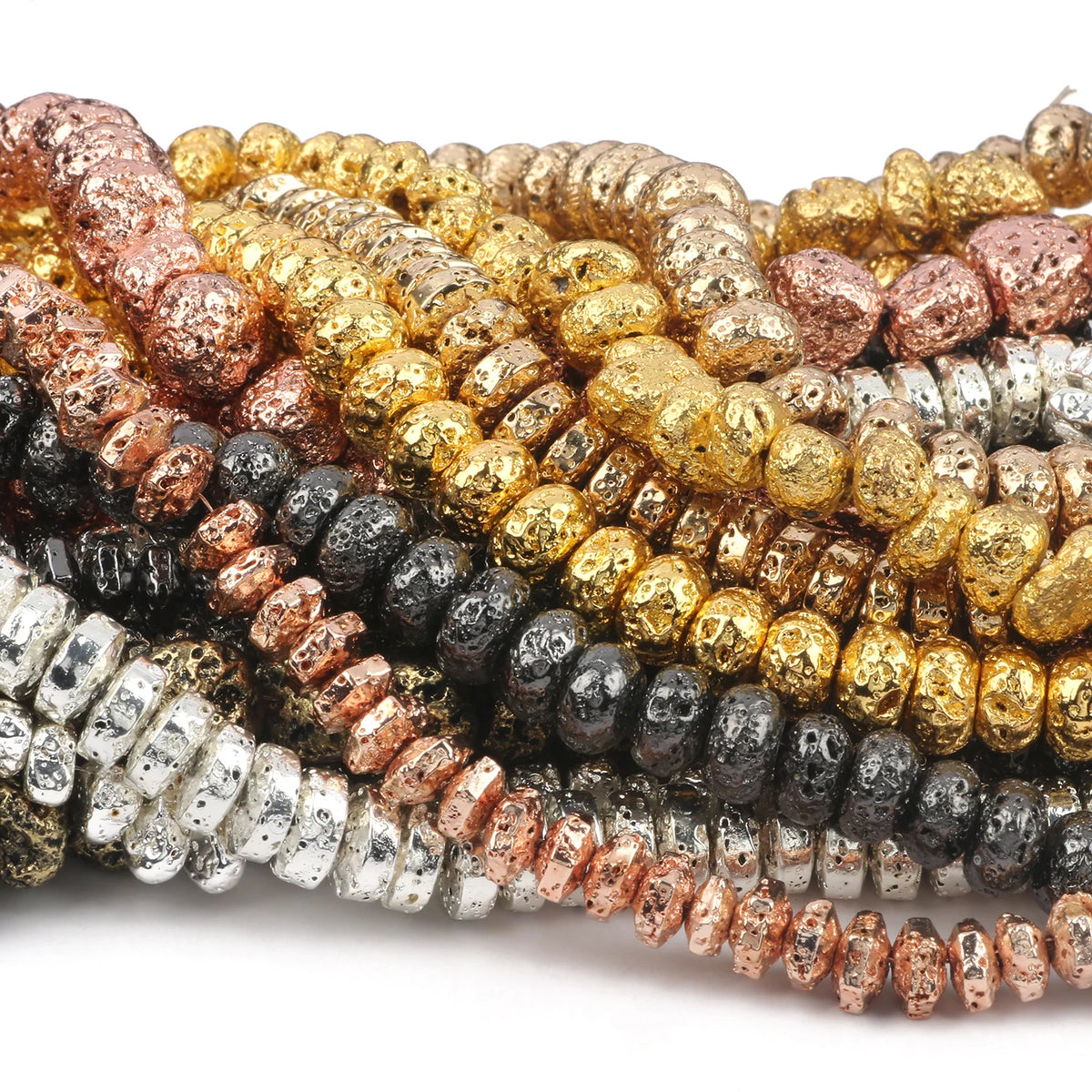 Stone Beads Black Gold Silver Color Volcanic Lava Rondelle Spacer Craft Beads
